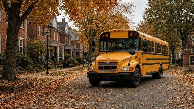 Yellow school bus on an autumn Easton street