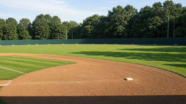Single-A ballpark infield and outfield wall under afternoon light