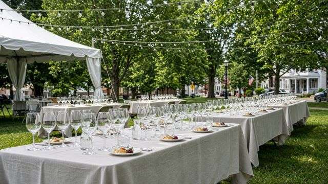 Outdoor tasting tables with wine glasses at a small-town festival