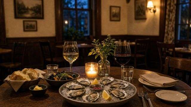 Candlelit restaurant table with seafood and wine glasses