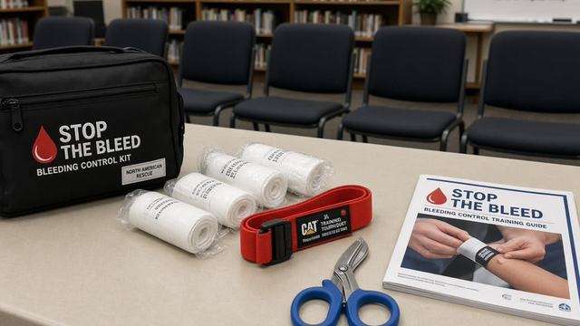 Stop the Bleed training kit on a table in a library meeting room