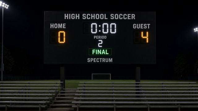 High school soccer scoreboard after a weekday home match