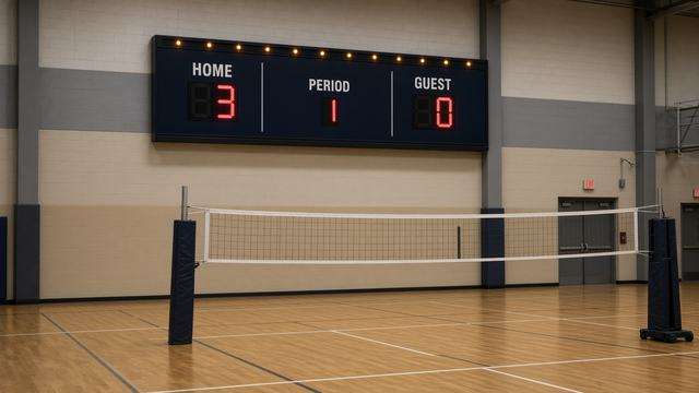 High school volleyball scoreboard after a weekday road match