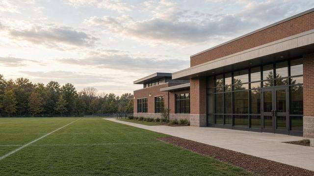 High school field and gym entrances ahead of a weekday athletics slate