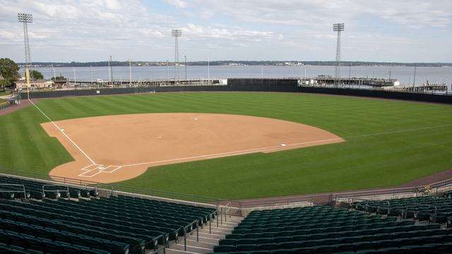 Empty Harbor Park diamond in Norfolk under afternoon light