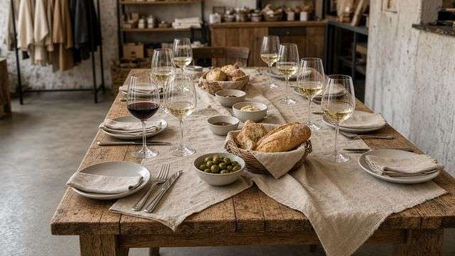 Long communal table set for a regional wine tasting lunch