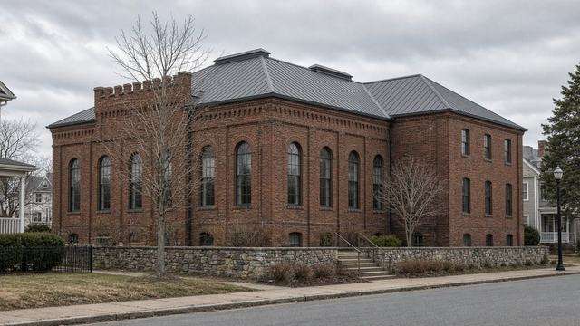 Brick former Easton Armory on Harrison Street after roof work