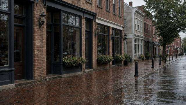 Downtown Easton storefronts and Harrison Street after rain