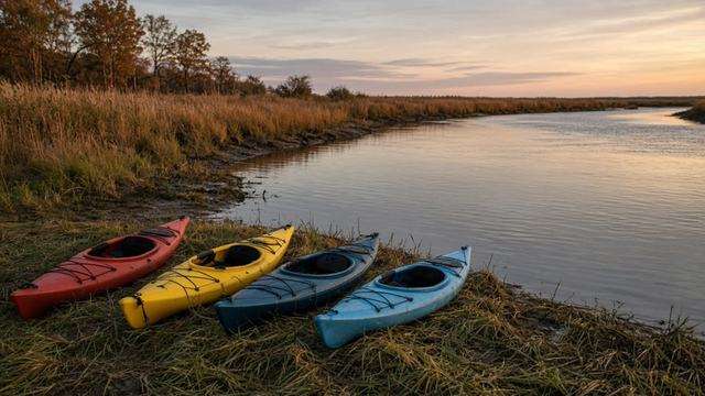 Empty kayaks on a Mid-Shore shoreline at dusk