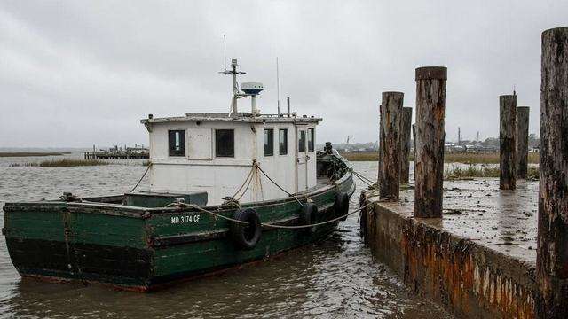 Workboat at a muddy dock after rain