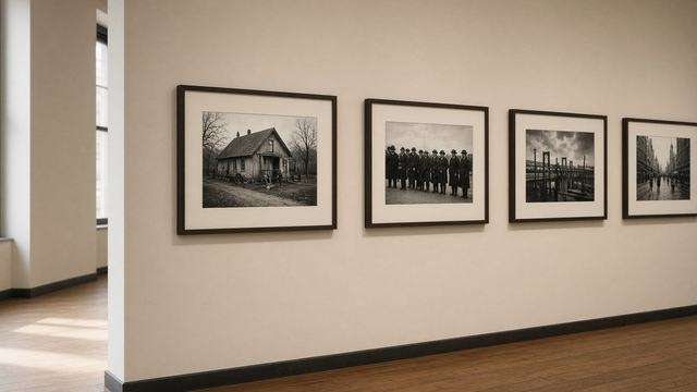 Quiet museum gallery with black-and-white prints on cream walls